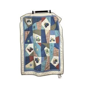 Vintage Kidsline Quilted Patchwork Blue Cars Bikes Baby‎ Crib Blanket Boys